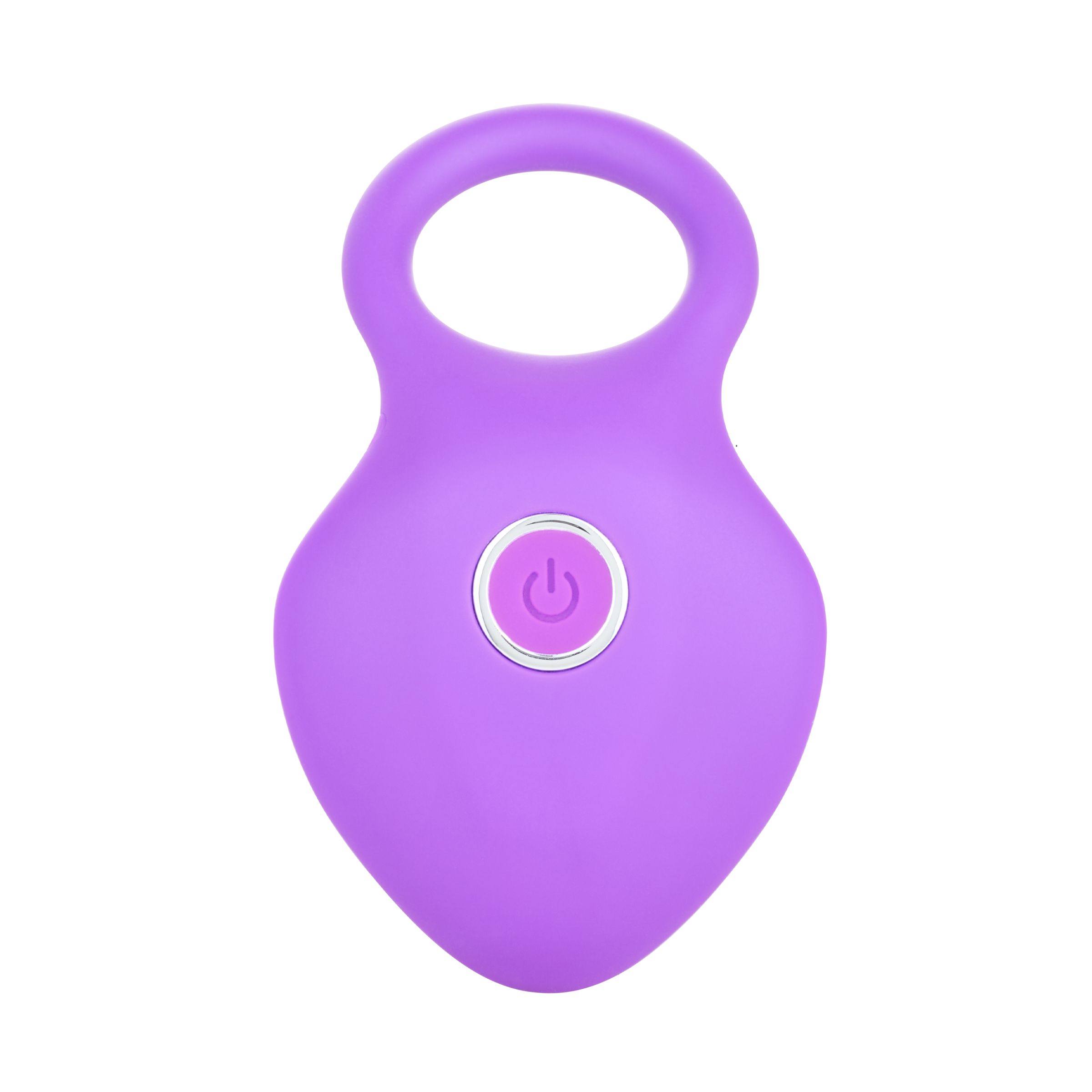 Vibratore viola con impugnatura ad anello e un pulsante di accensione/spegnimento.