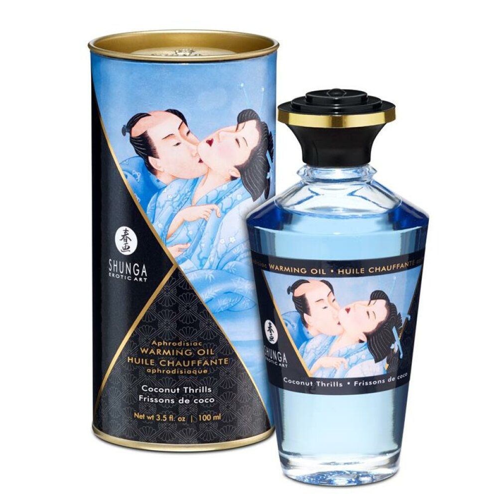 Flacone e scatola cilindrica blu. Scritta: Shunga, Warming Oil, Coconut Thrills.