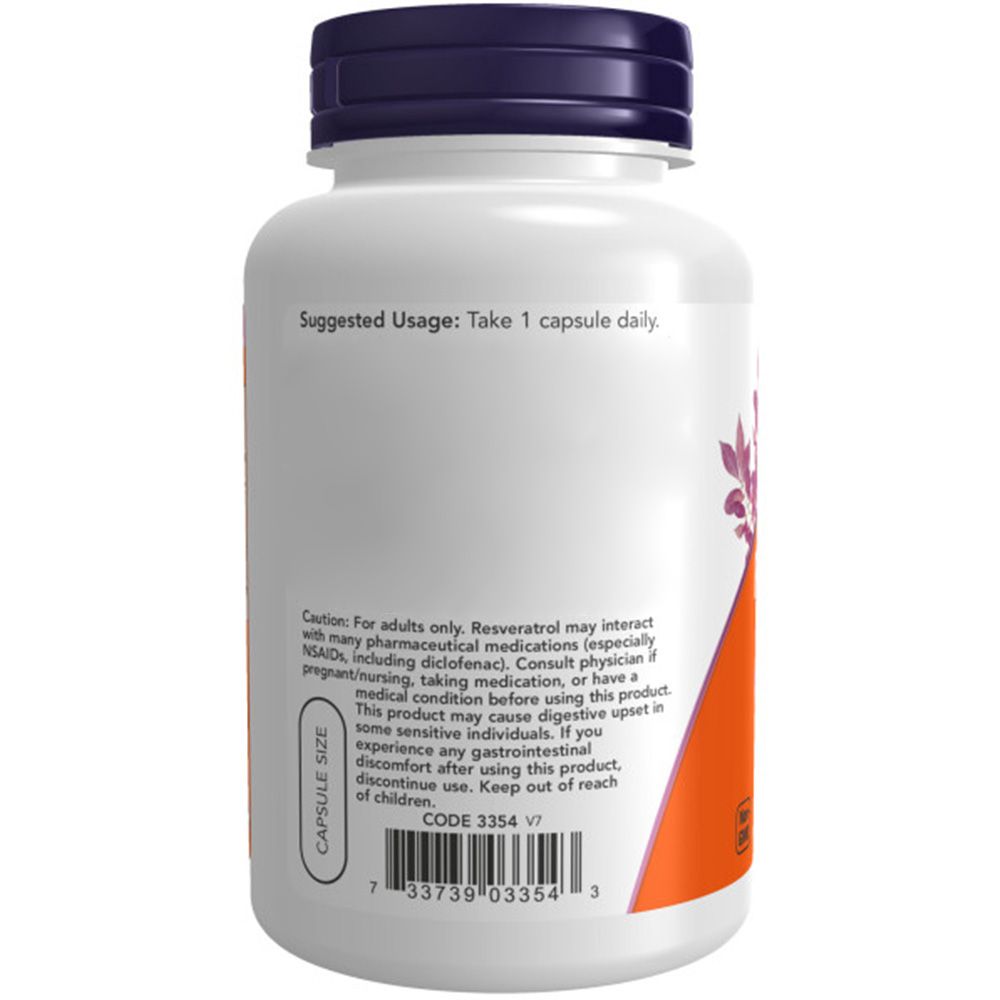 Flacone bianco con tappo viola. Scritta: Now Foods, Natural Resveratrol, 200mg. Retro con informazioni e avvertenze.