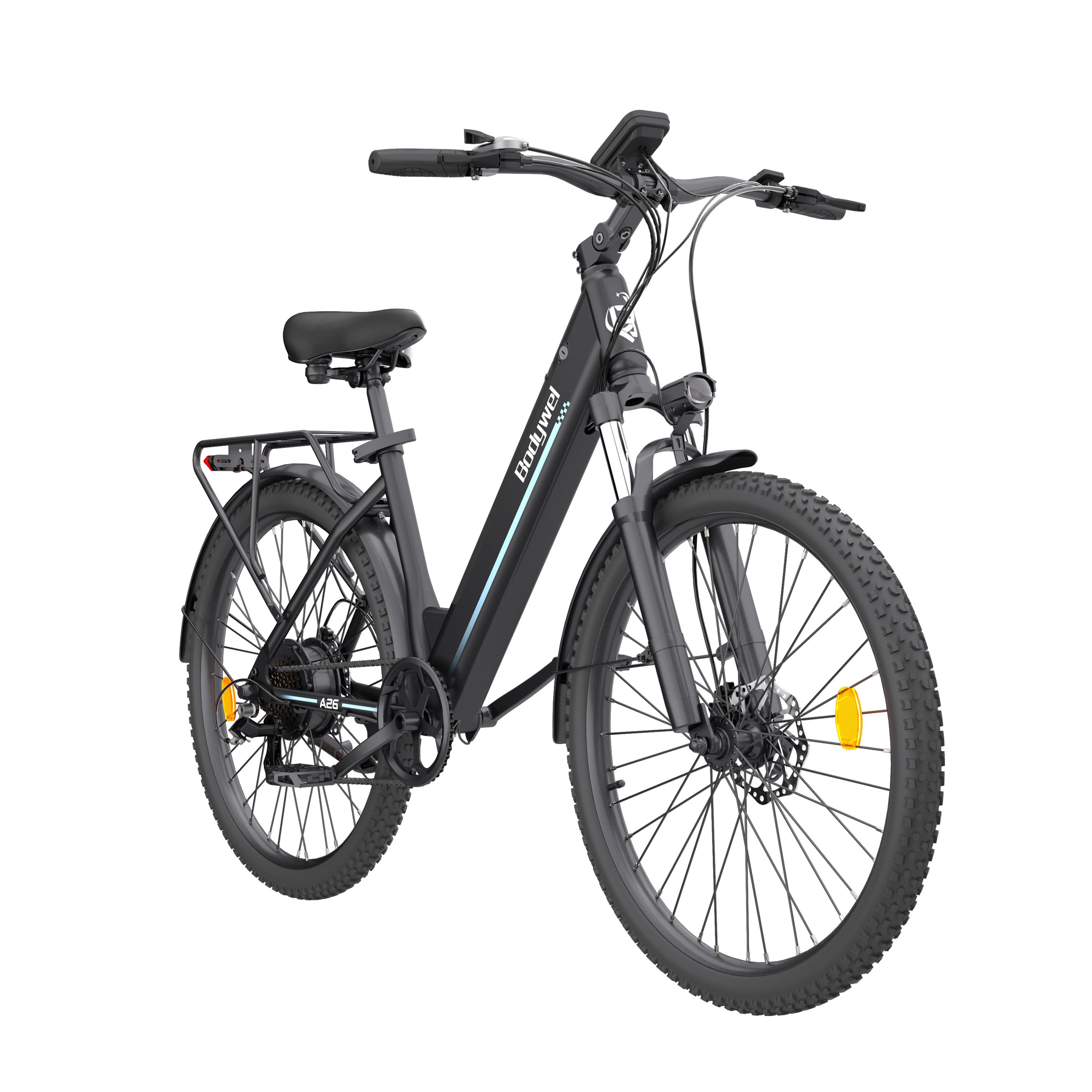E-bike nera, vista laterale. Portapacchi, parafanghi, faro. Bodywel A26.