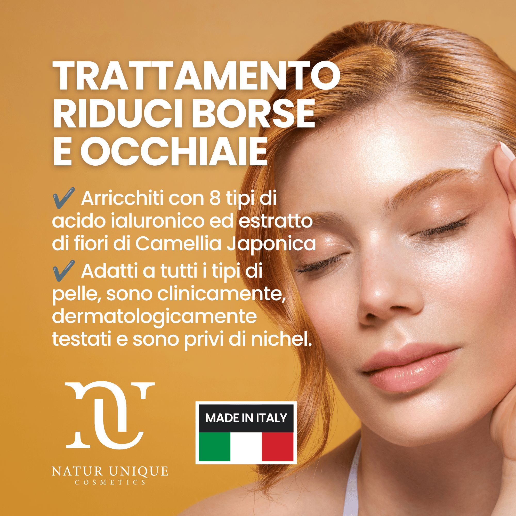 Donna con pelle radiosa, testo sulla riduzione di borse e occhiaie.