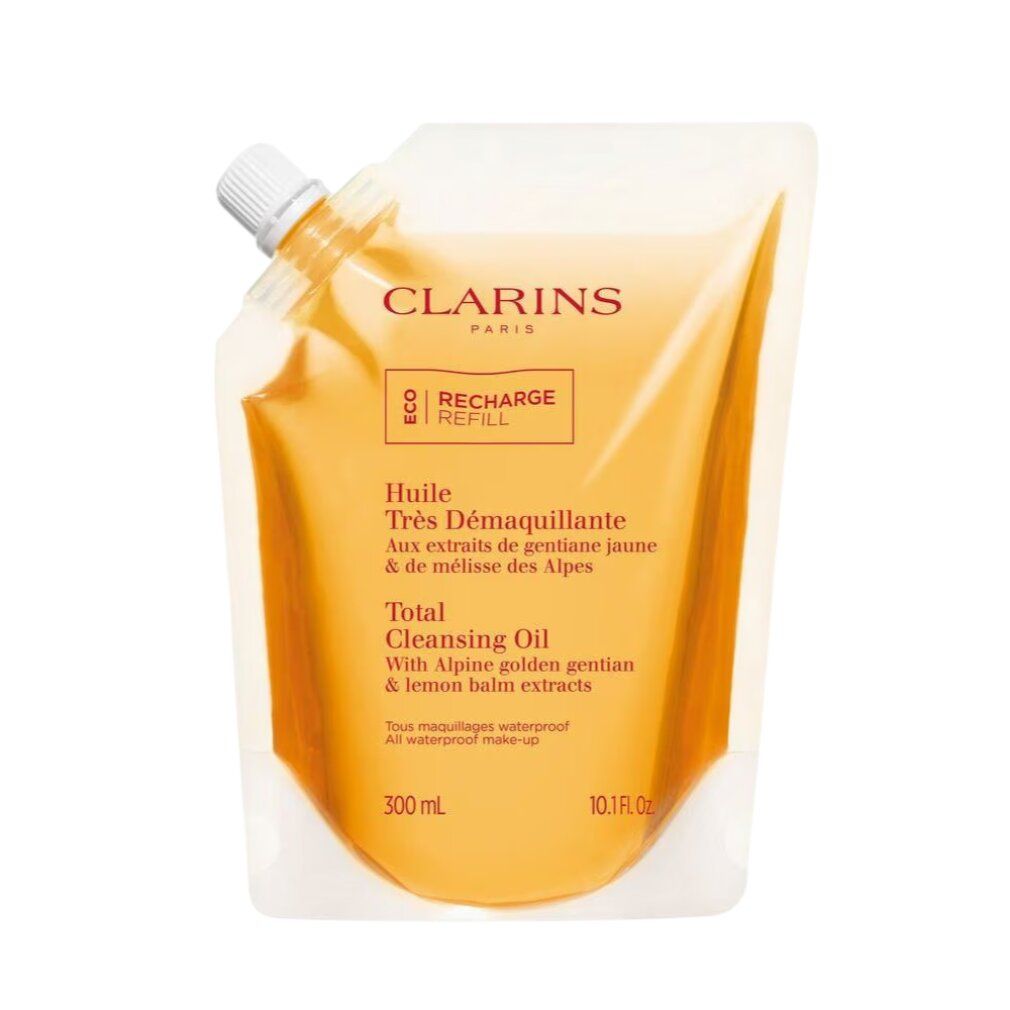 Clarins Total Cleansing Oil ricarica con tappo a vite. Liquido giallo.