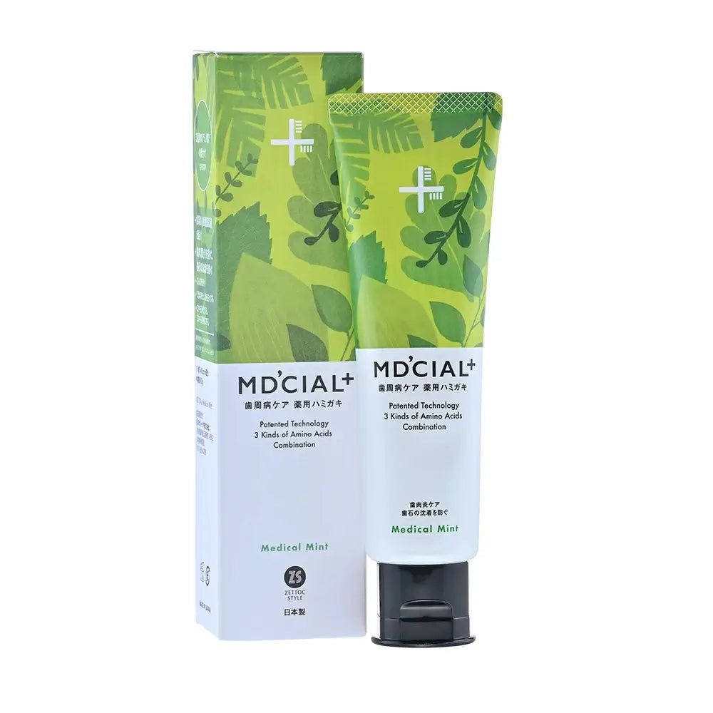 Tubo di dentifricio MD'CIAL+ con confezione. Design verde, scritta Medical Mint. Tappo nero. Confezione con logo.
