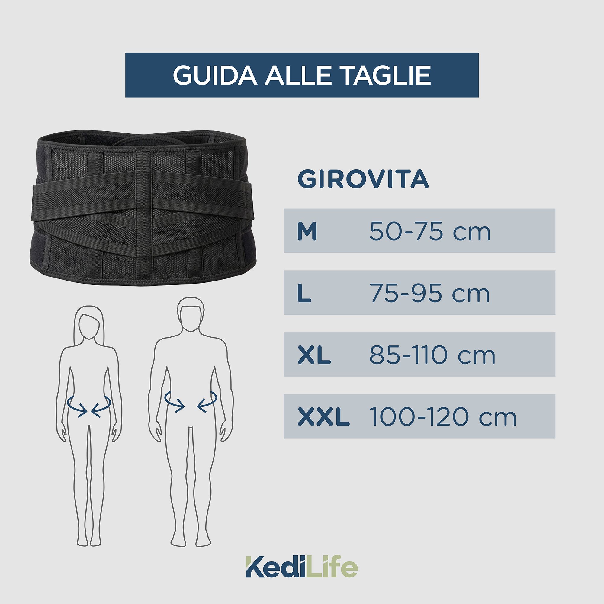 Tabella taglie per cintura lombare con misure del girovita.