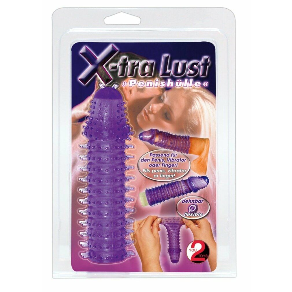 Anello per pene viola con borchie, flessibile ed estensibile, in confezione blister.