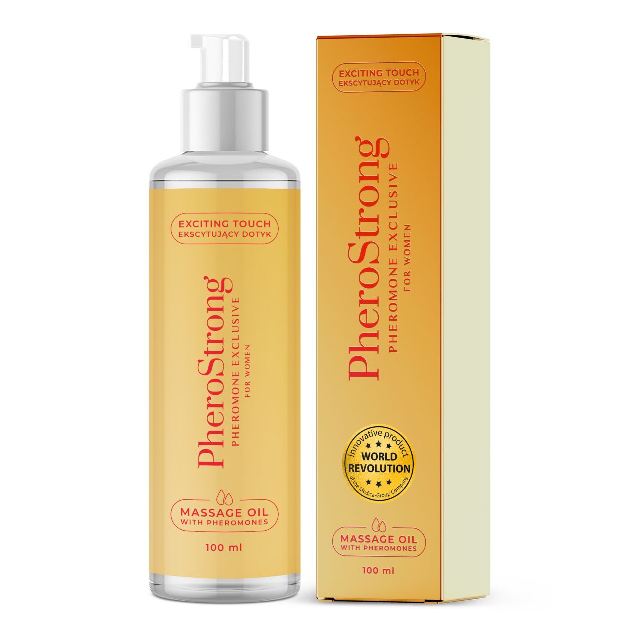 Flacone e scatola di olio da massaggio PheroStrong con feromoni, 100 ml.