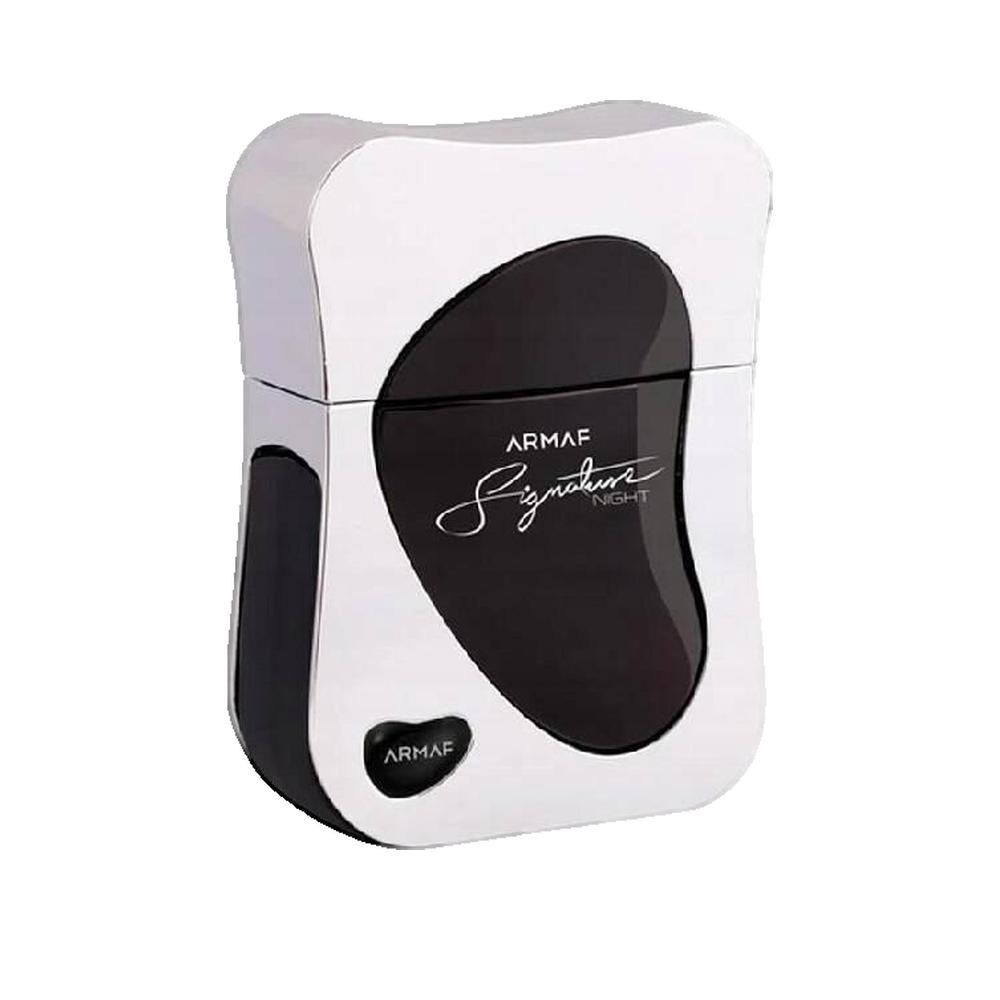 Flacone di profumo, bianco-nero, rettangolare, arrotondato. Scritta e logo sul flacone.