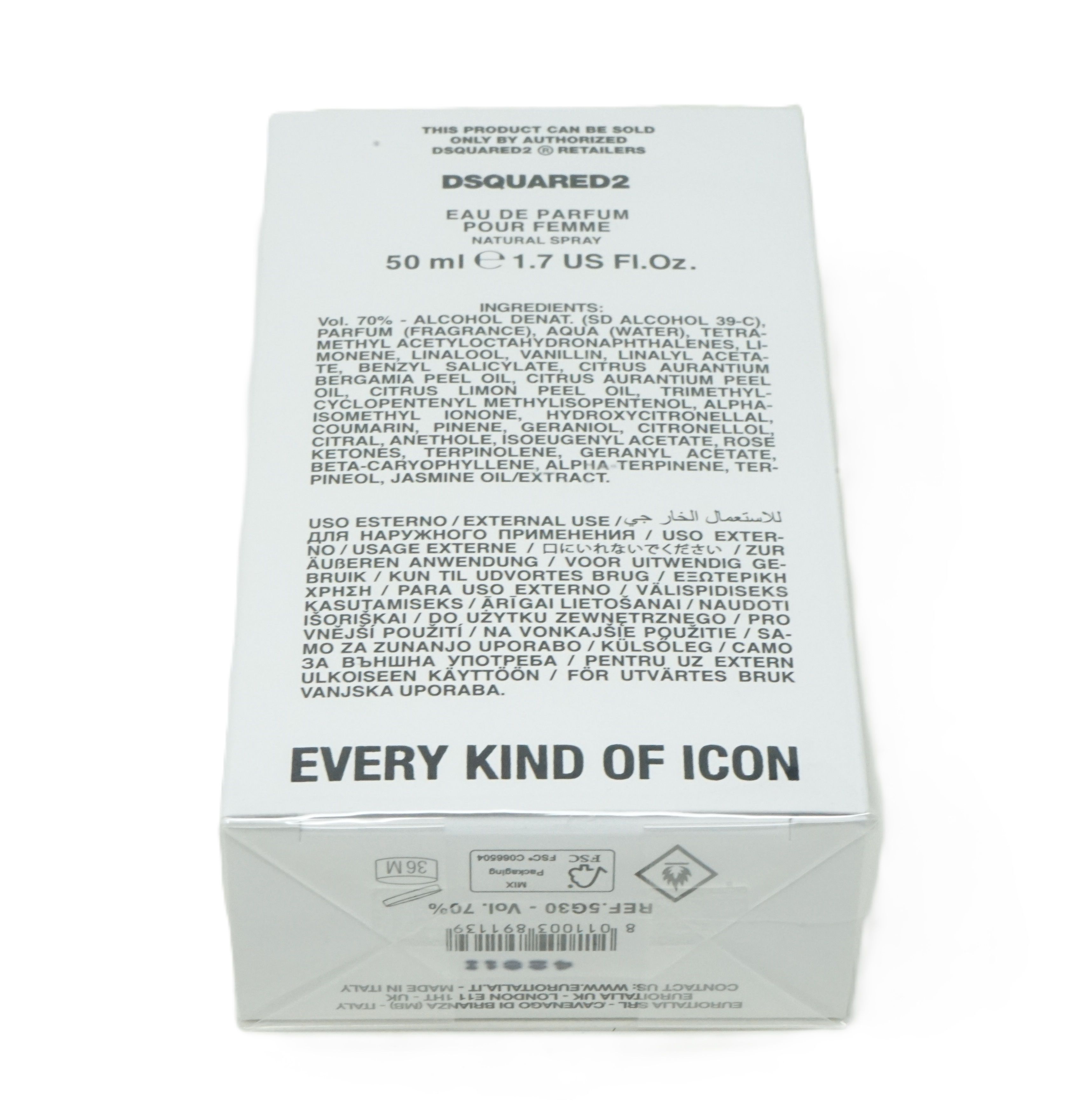 Confezione bianca con testo. Sopra: Dsquared2, Eau de Parfum Pour Femme, 50 ml. Sotto: Ingredienti, avvertenze e testo.