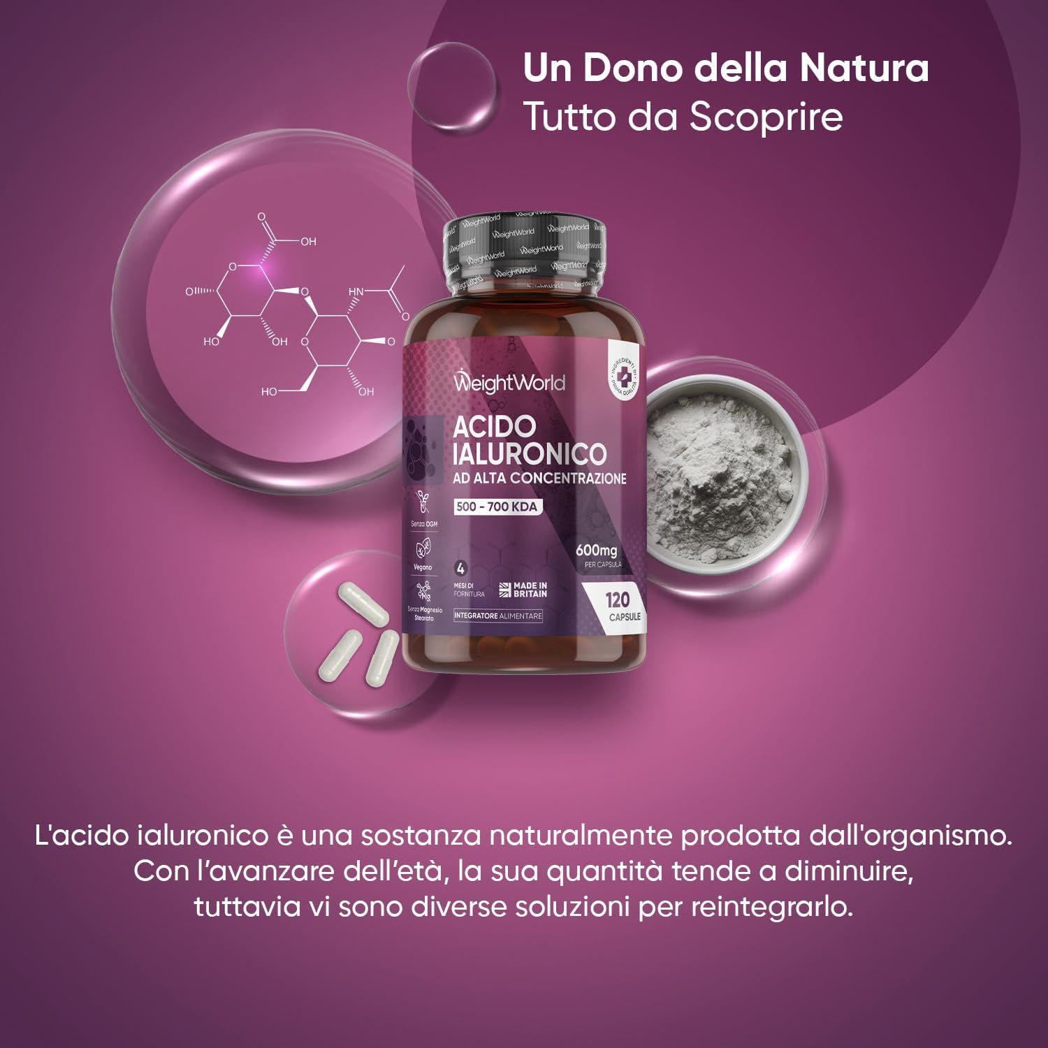 Flacone con capsule e polvere. Testo: Acido Ialuronico. Marchio: WeightWorld.