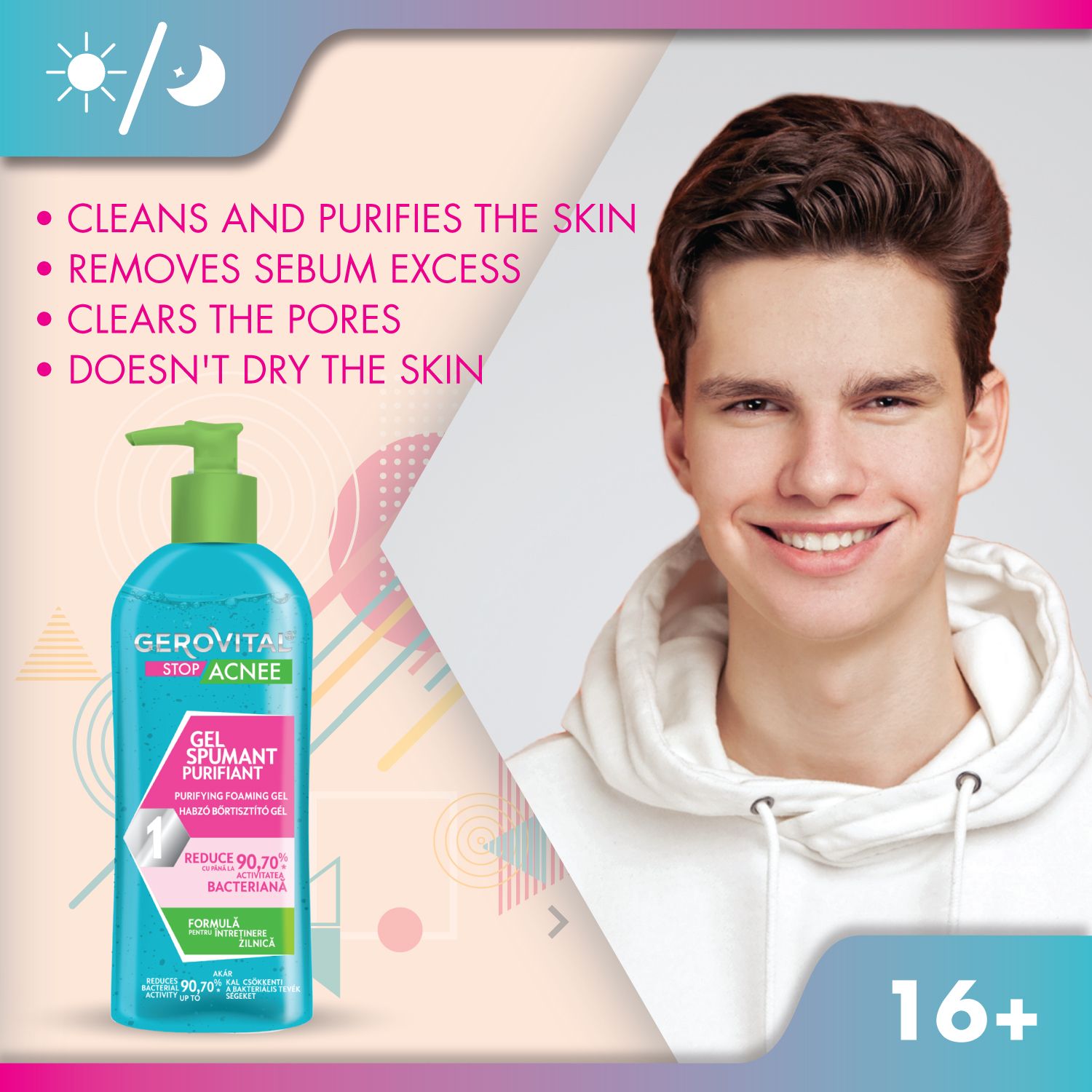 Flacone di prodotto accanto a un uomo sorridente. Testo: Cleans and purifies the skin, removes sebum excess, clears the pores.