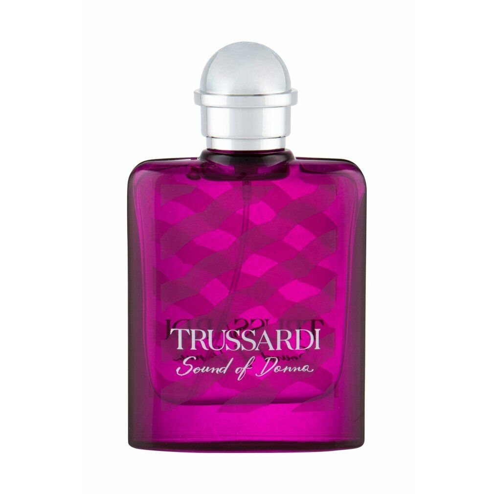Flacone di profumo rosa. Tappo argentato. Scritta: Trussardi Sound of Donna.