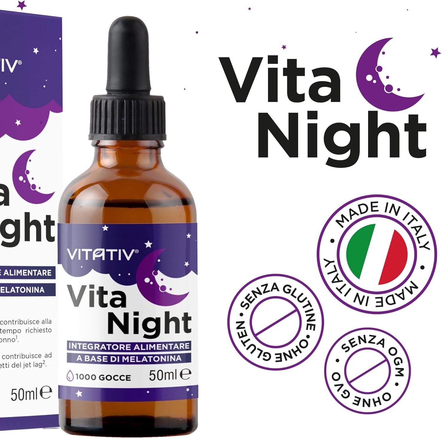 VITATIV® VITANIGHT Melatonina in Gocce - 50 ml (1000 Gocce) Integratore per il Sonno
