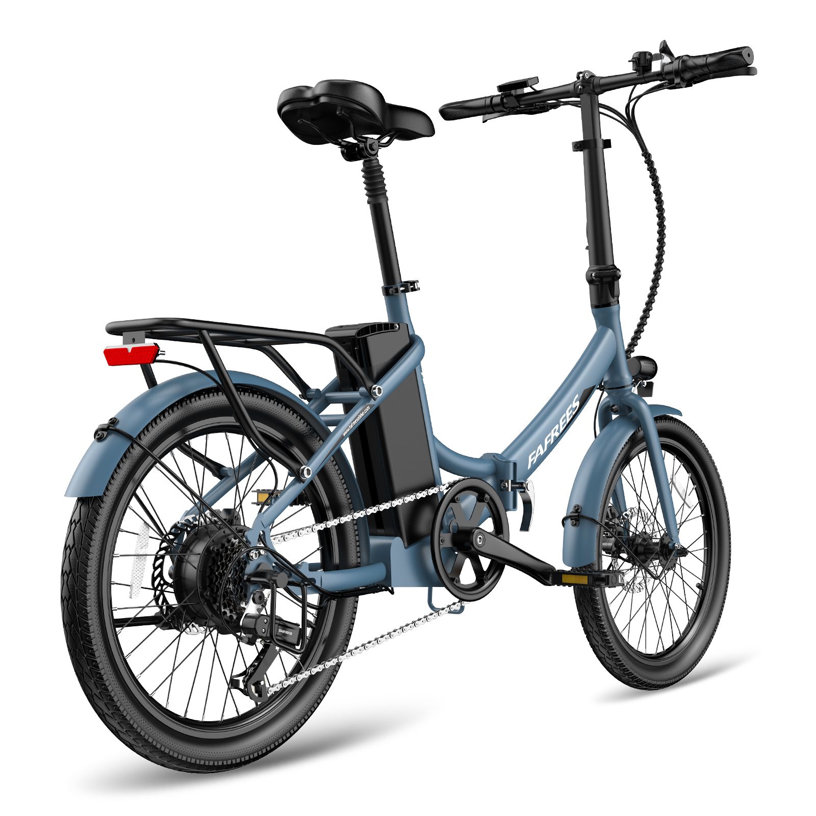E-bike pieghevole blu con sella nera, portapacchi e fanale posteriore. Marchio FAFREES visibile.