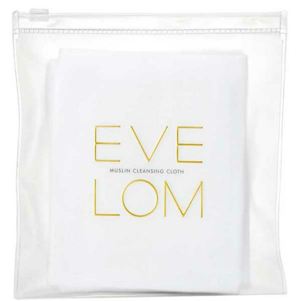Panno bianco con scritta dorata 'EVE LOM MUSLIN CLEANSING CLOTH' in busta trasparente con zip.