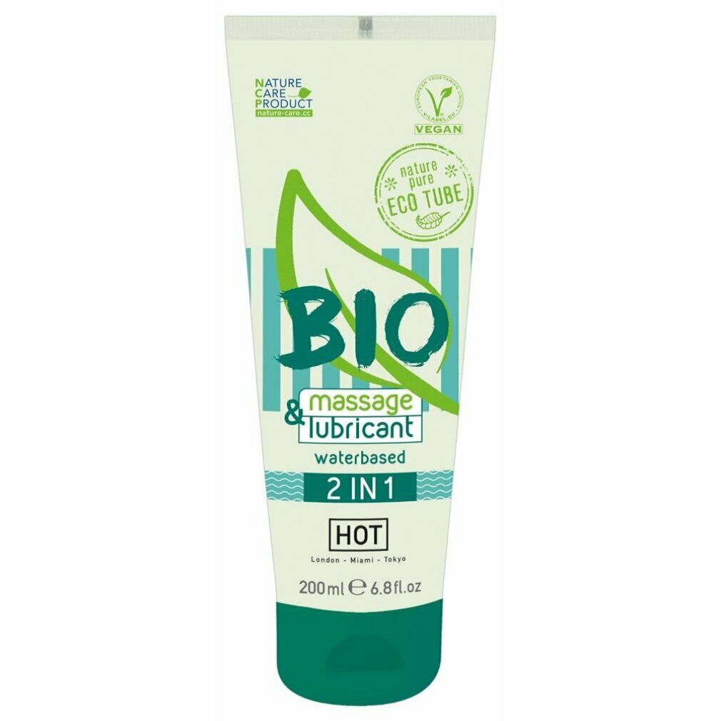 Tubo BIO Massage & Lubricant 2IN1. Design verde e bianco, vegano, 200ml. Scritta: HOT.