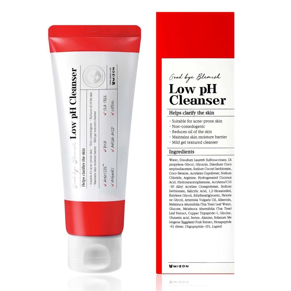 Confezione del prodotto. Tubo e scatola. Scritta: Low pH Cleanser. Marchio: MIZON. Contiene ingredienti.