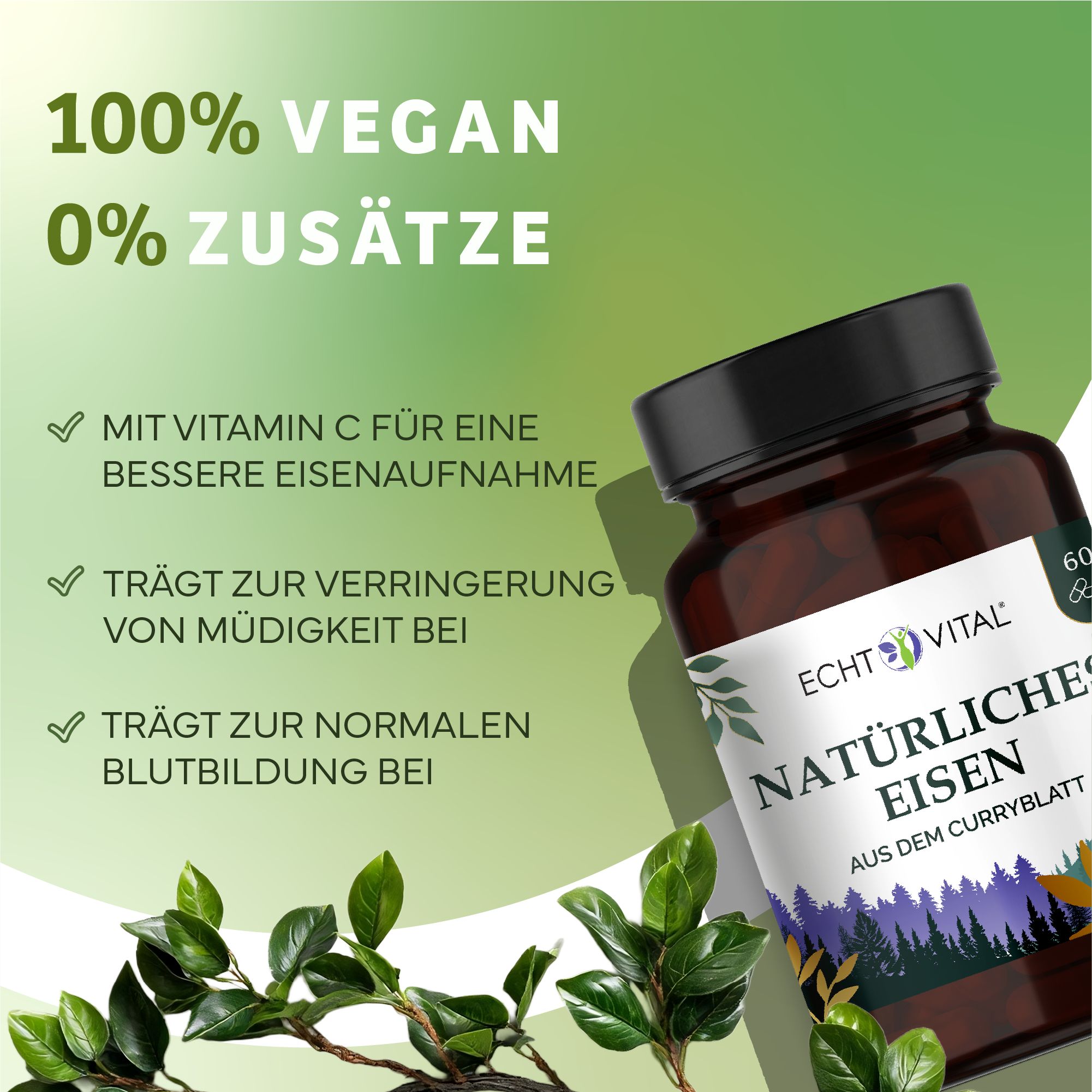 Ferro Naturale Echt Vital: 100% vegan, 0% additivi, con vitamina C per un migliore assorbimento.