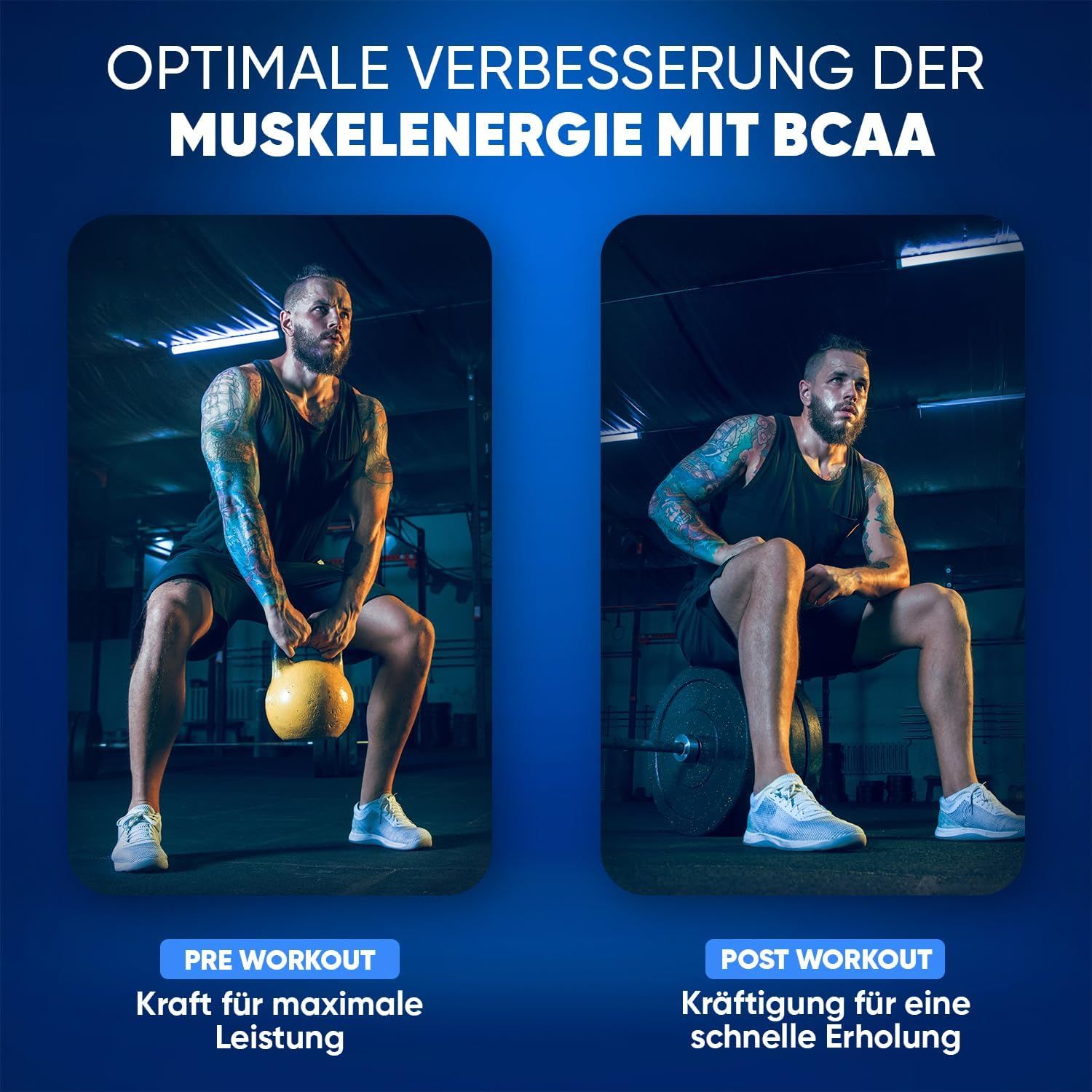 Due immagini di uomini che si allenano. A sinistra: uomo con kettlebell. A destra: uomo con bilanciere. Testo: Pre & Post Workout.