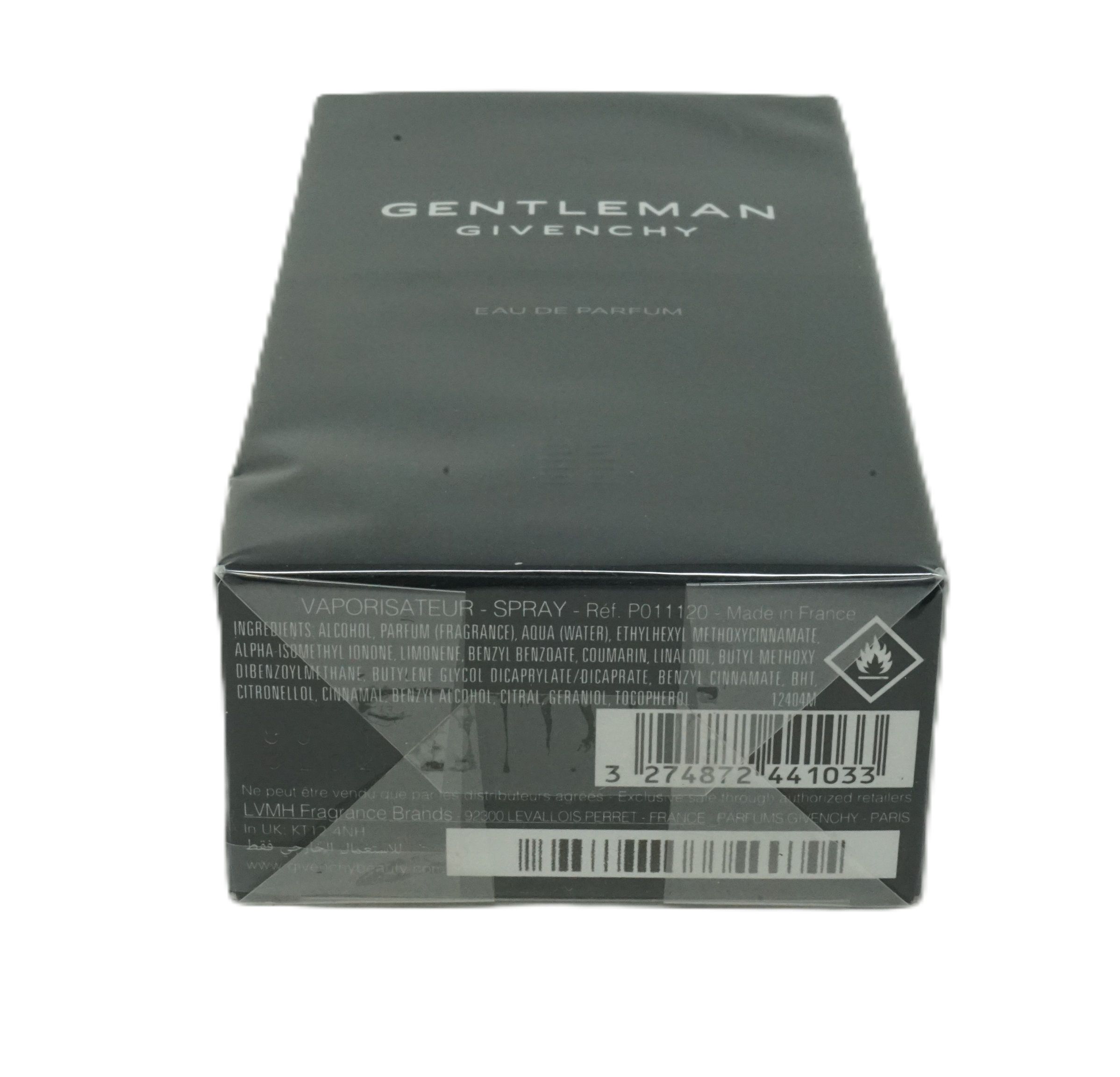 Scatola nera, scritta "GENTLEMAN GIVENCHY" e "EAU DE PARFUM". Ingredienti, codice a barre e pittogrammi sul retro.