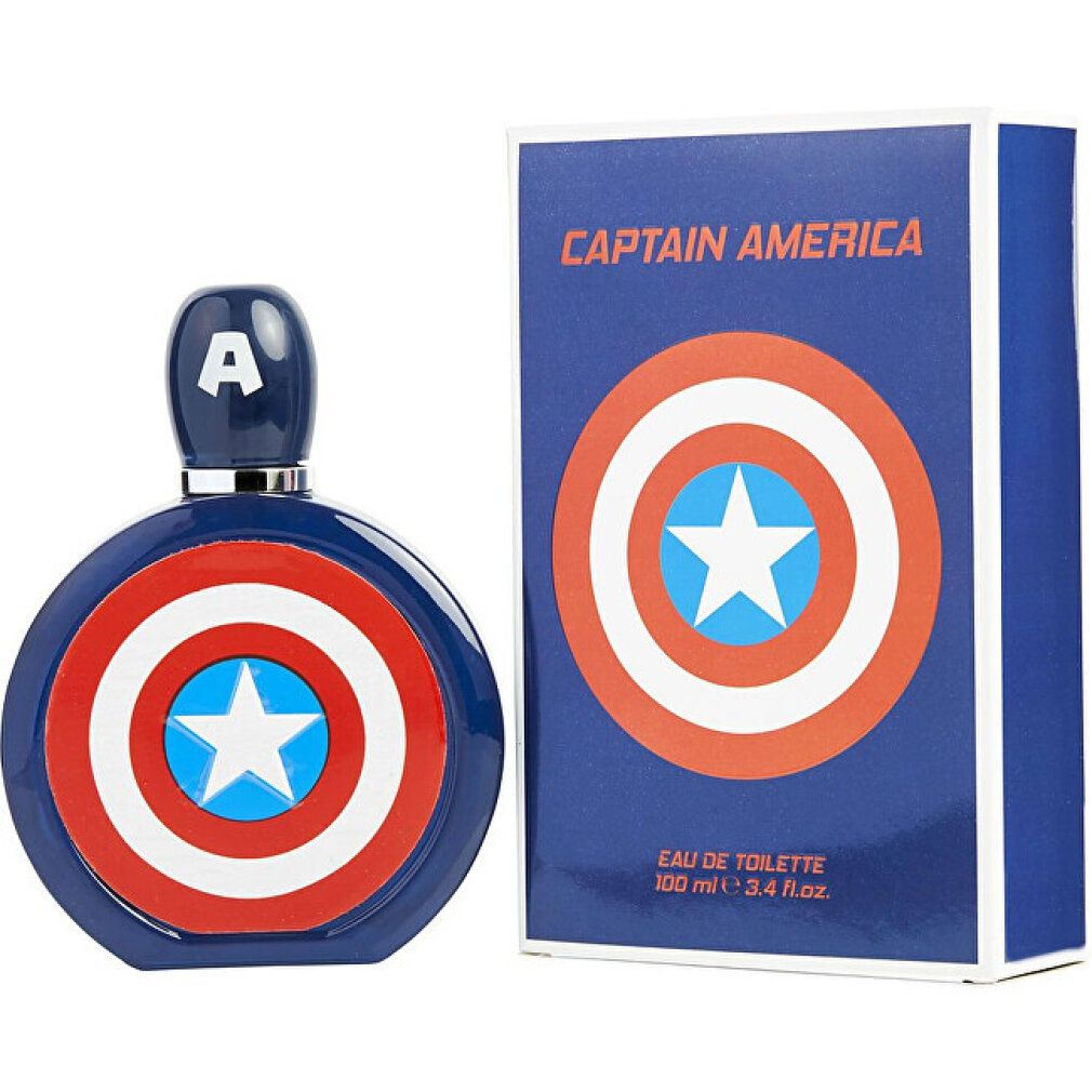 Flacone rotondo e scatola. Design scudo con stella. Scritta: Captain America, Marvel, Eau de Toilette.