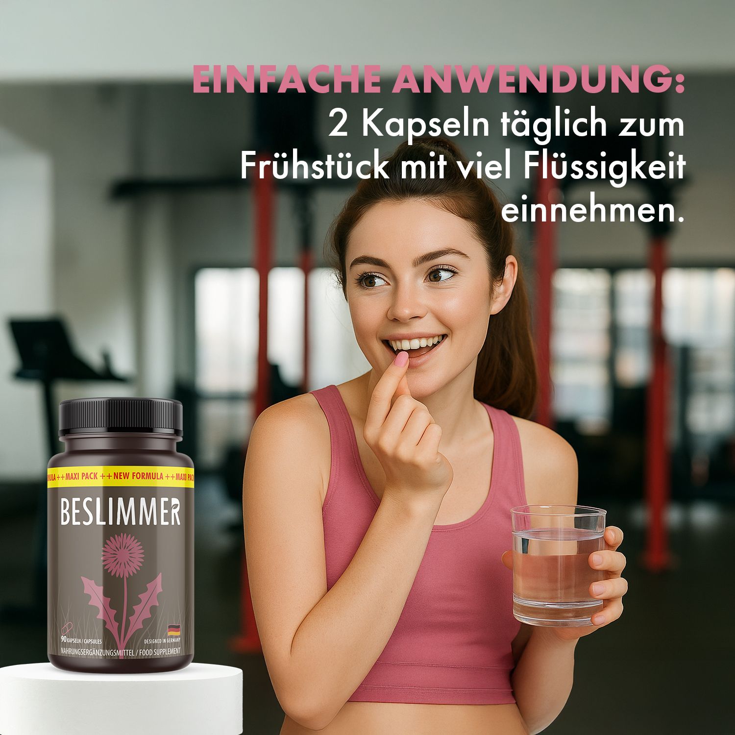 Donna prende capsula con bicchiere d'acqua. Testo: Assumere 2 capsule al giorno a colazione con molto liquido. Flacone BESLIMMER sullo sfondo.