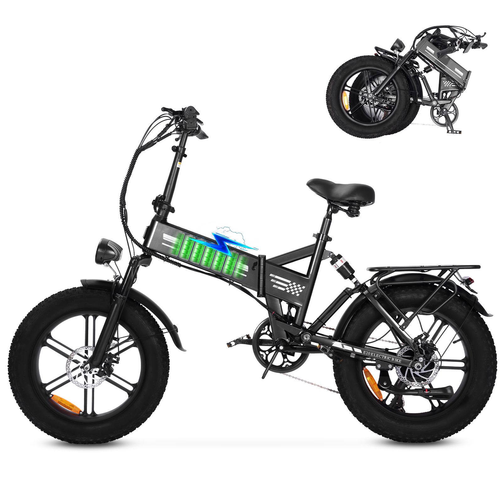 Bicicletta elettrica OOK-TEK E20 nera, piegata e aperta. Indicatore batteria. Pneumatici larghi.