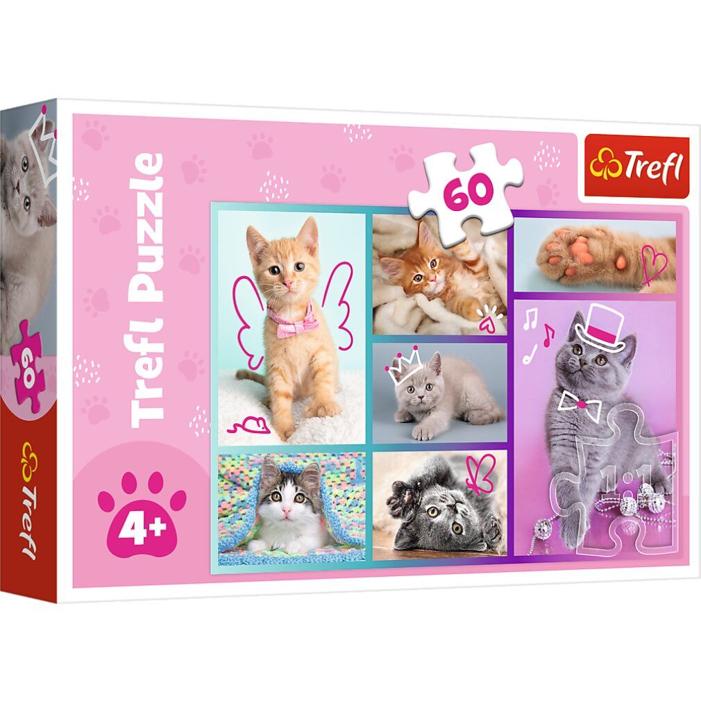 Trefl Puzzle de petits chats mignons, 60 pezzi. Confezione rosa con gatti. Consigliato per i 4+. Pezzo di puzzle in alto.