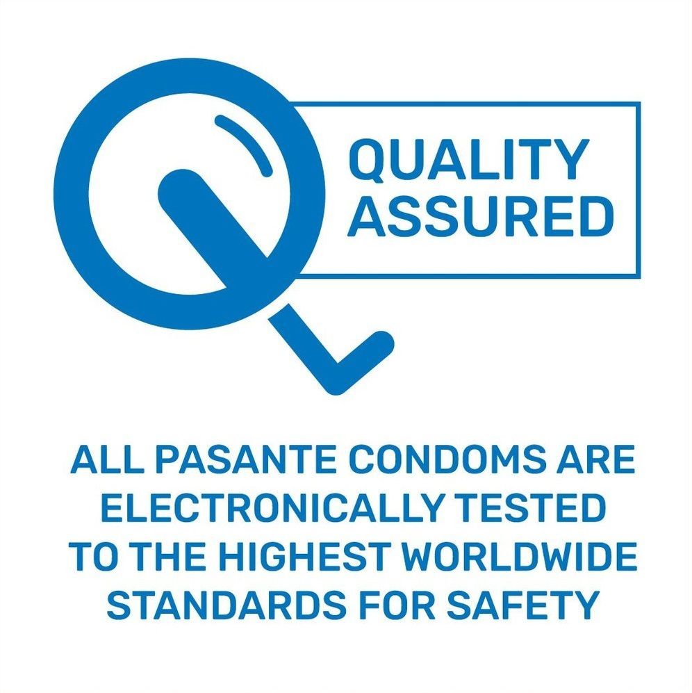 Logo blu con testo: QUALITY ASSURED. Testo: Tutti i preservativi Pasante sono testati elettronicamente.