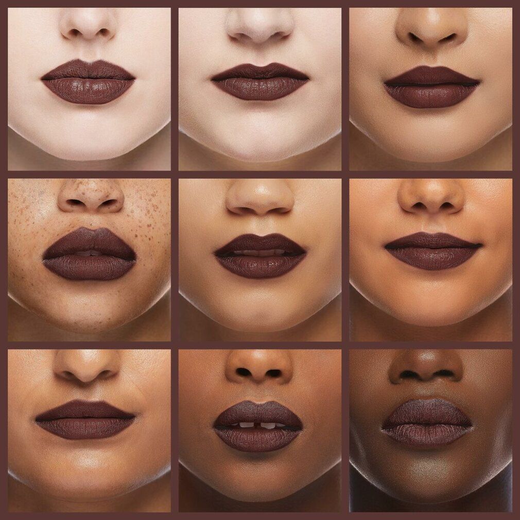 Collage di labbra su diverse tonalità di pelle, indossando la matita labbra Suede Matte di NYX, tonalità Cold Brew.