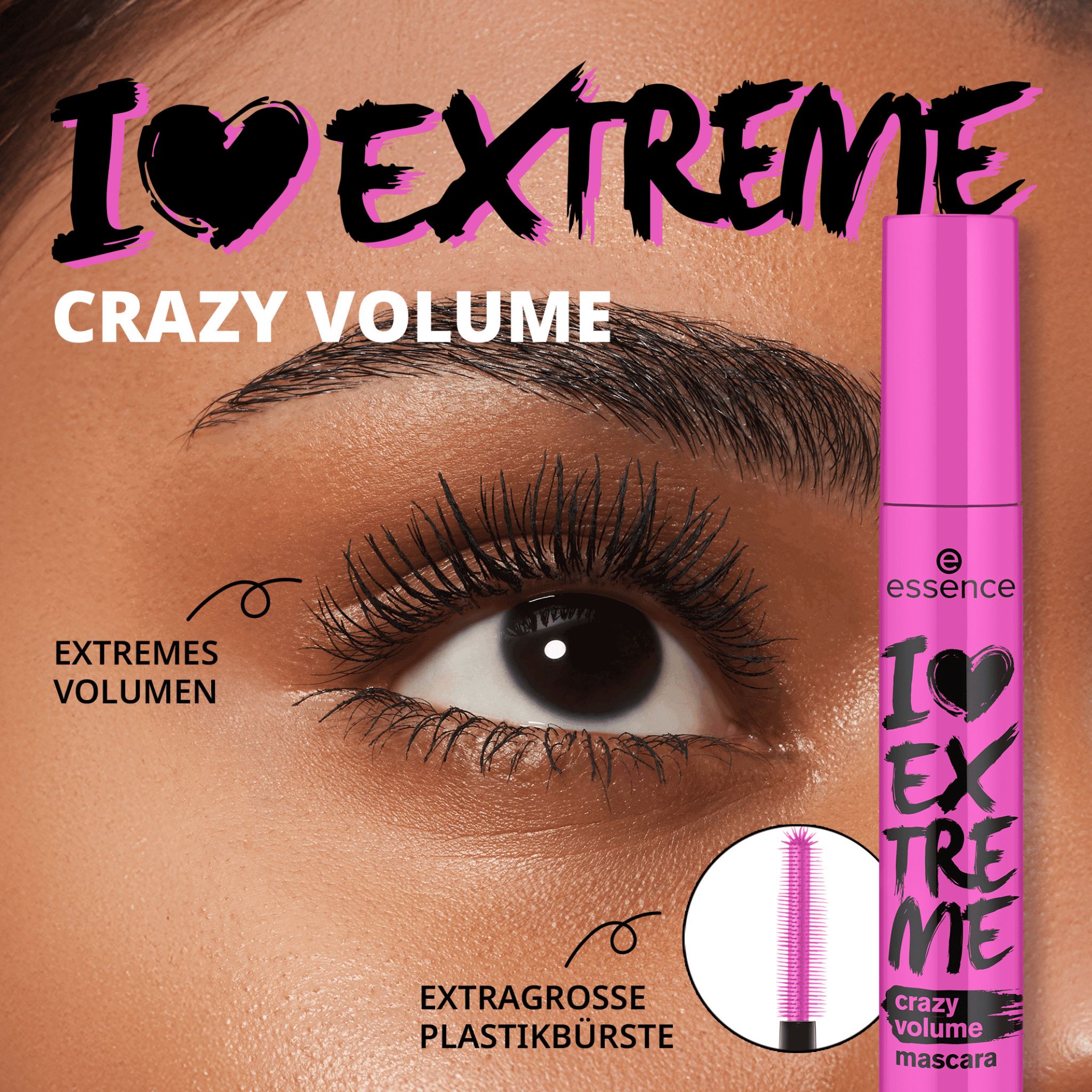 Occhio con ciglia truccate e tubetto di mascara. Testo: I LOVE EXTREME crazy volume mascara. Marchio: essence.