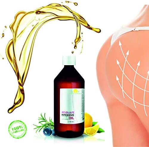 Bottiglia di olio, spruzzi, limone, erbe e glutei con segni.