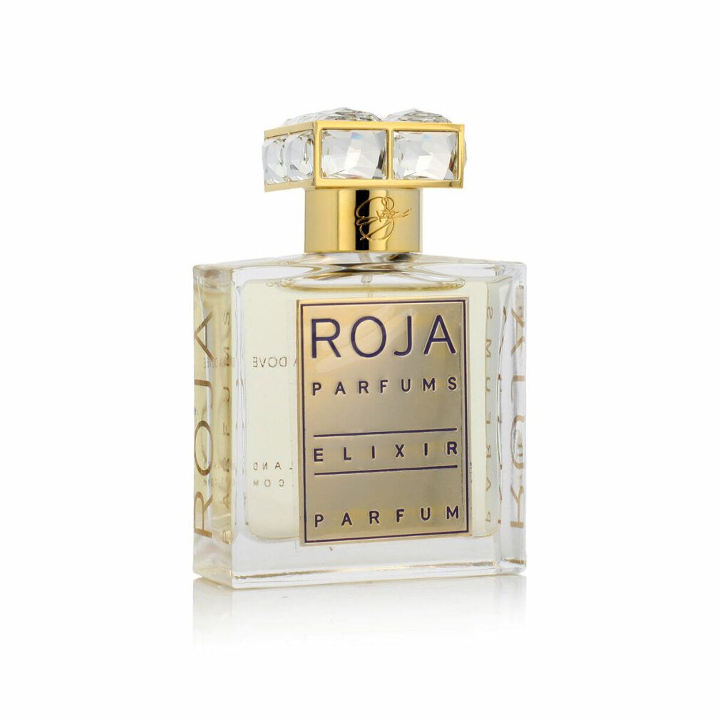 Flacone di profumo con tappo dorato e cristalli. Scritta: Roja Parfums Elixir Parfum.