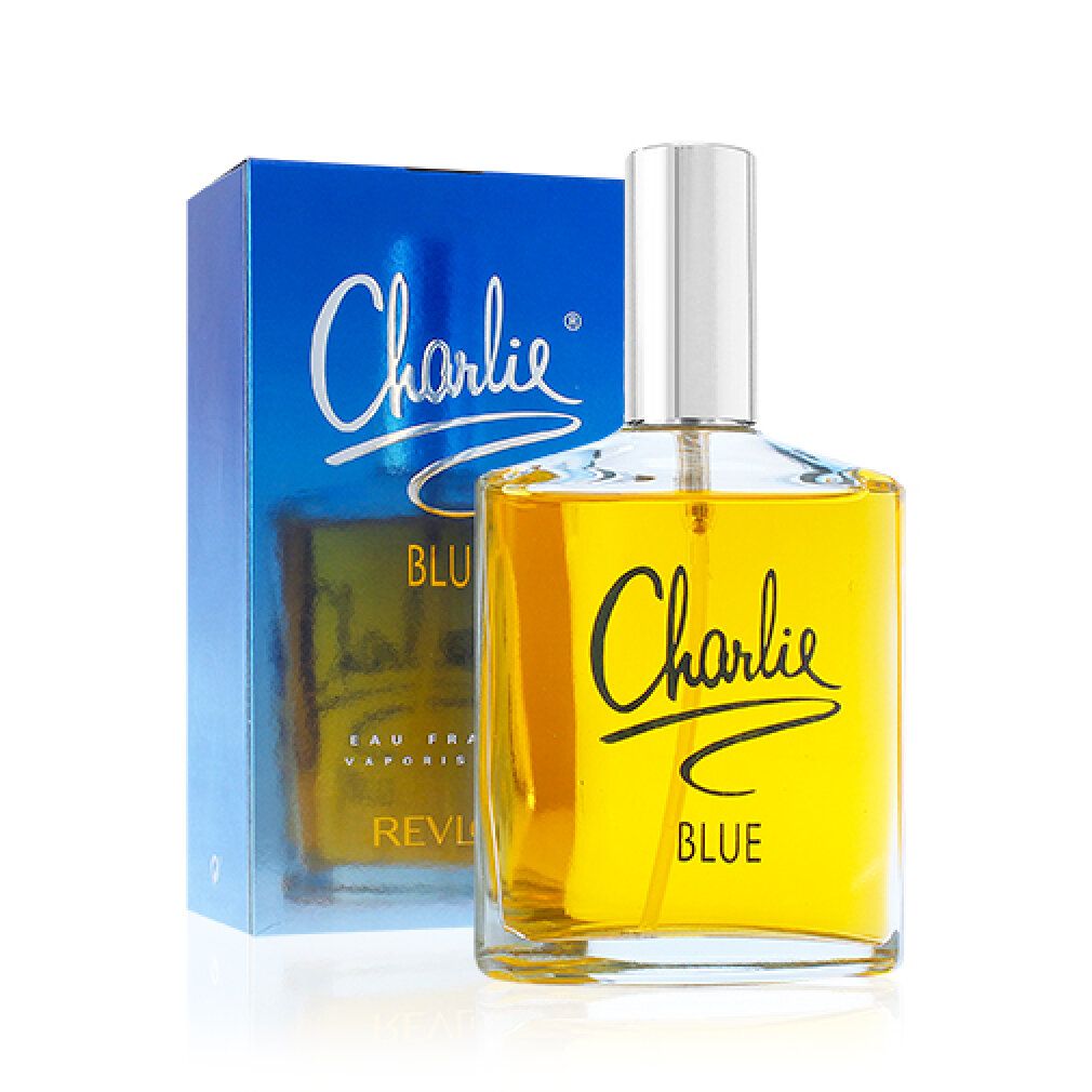 Flacone e scatola di Charlie Blue. Scritta Charlie Blue e Revlon. Sfondo blu.