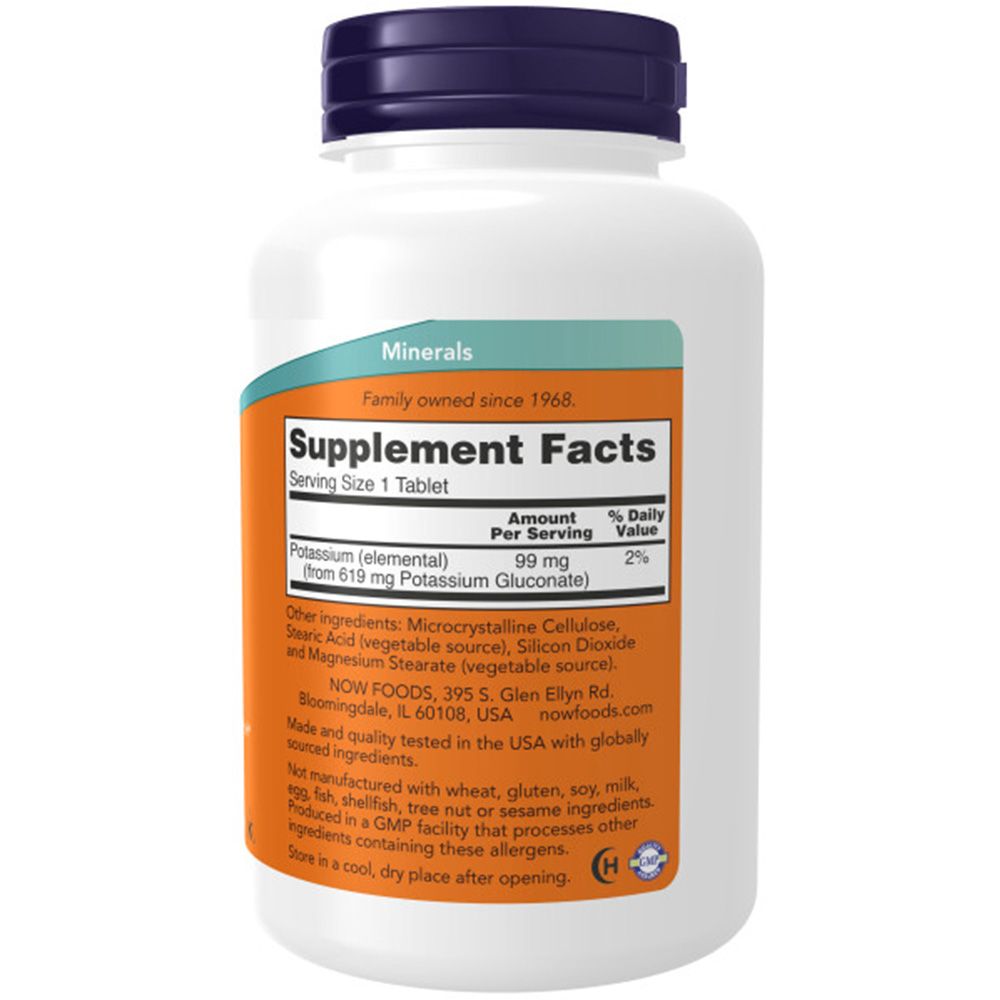 Retro del flacone. Scritta: Supplement Facts, Potassium 99 mg. Ingredienti. NOW FOODS, 395 S. Glen Ellyn Rd.