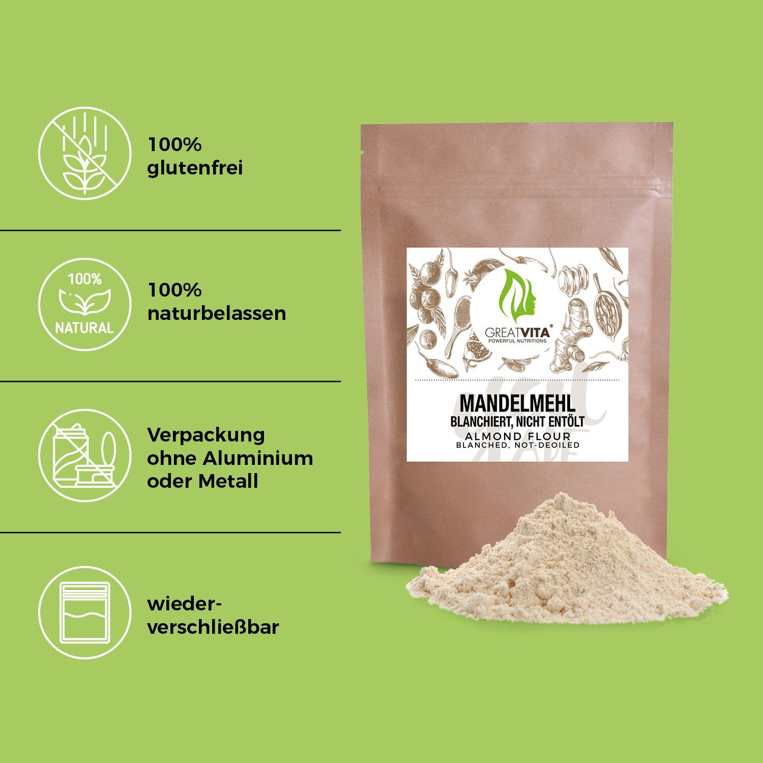 Sacchetto marrone di farina di mandorle, accanto a un mucchio di farina. Testo: Mandelmehl, sbiancato, non sgrassato. Loghi: senza glutine, naturale, richiudibile.