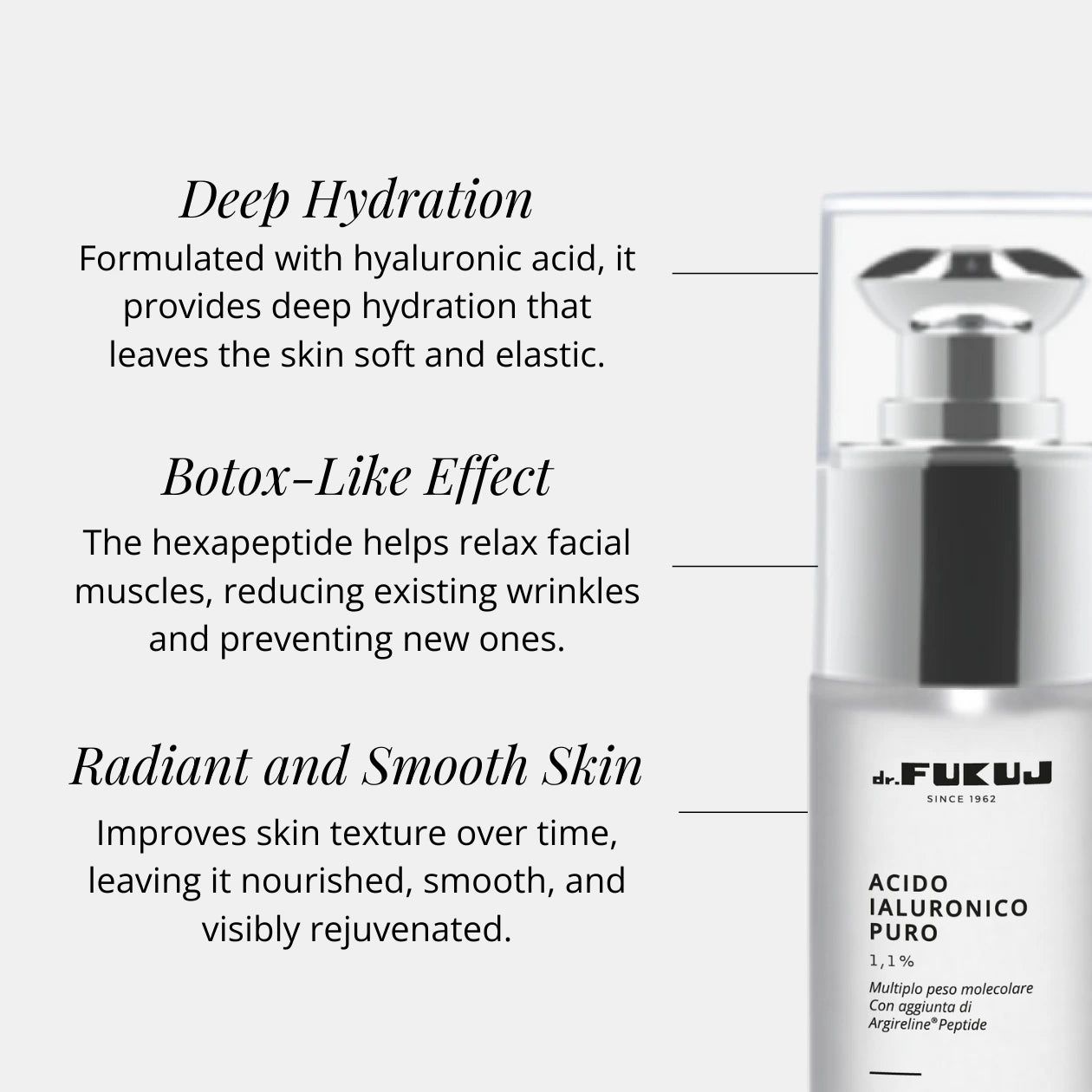 Flacone con testo. Sezioni: Deep Hydration, Botox-Like Effect, Radiant and Smooth Skin. Dr. Fukuj, Acido Ialuronico Puro 1,1%.