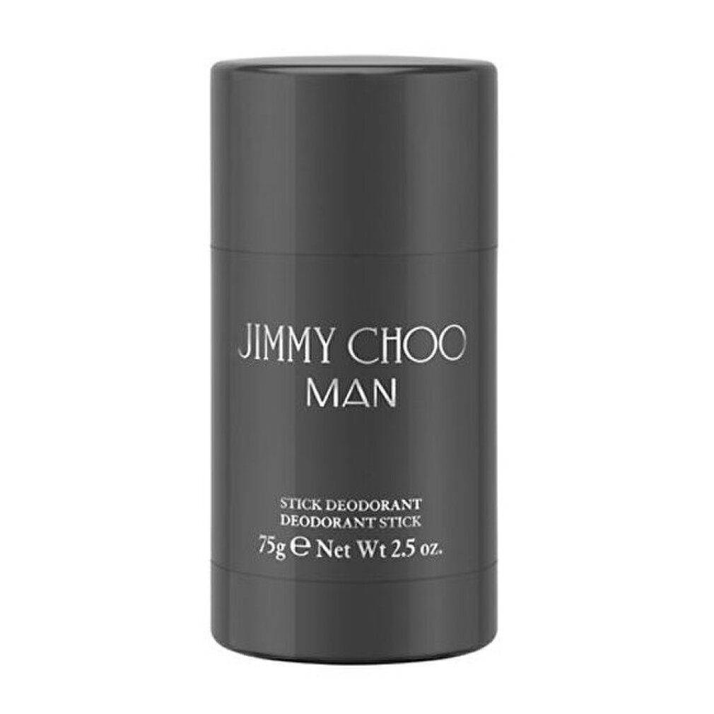 Stick deodorante grigio. Scritta: JIMMY CHOO MAN, STICK DEODORANT, 75g e Net Wt 2.5 oz.