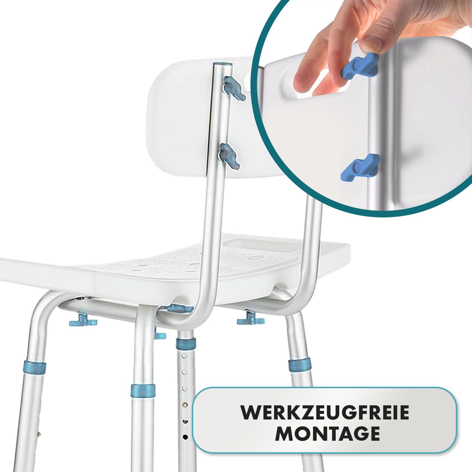 Sedia da doccia con schienale. Montaggio senza attrezzi. Viti blu.