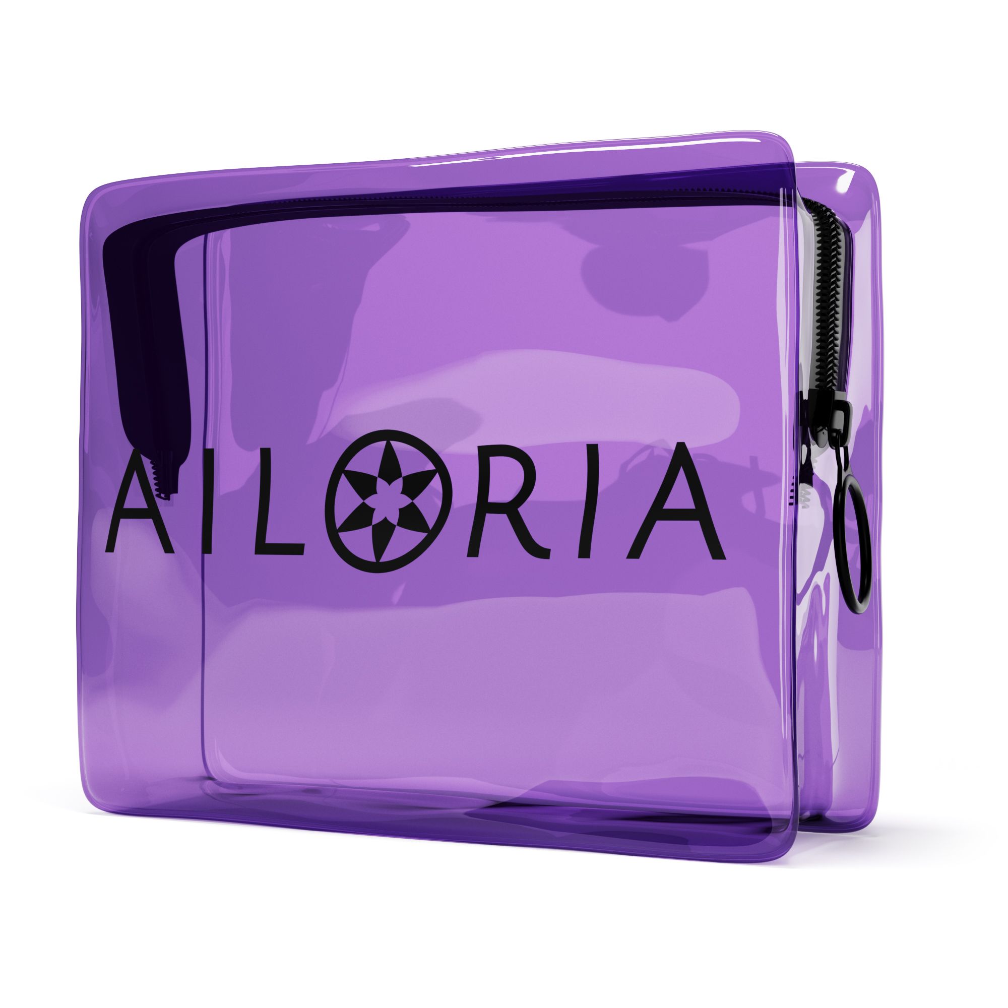 Pochette trasparente viola con cerniera. Logo AILORIA.