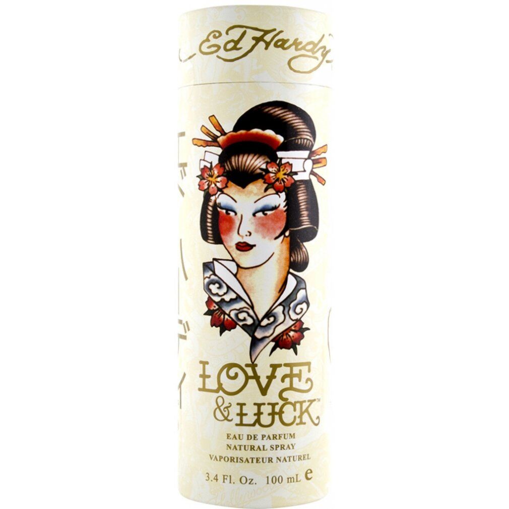 Flacone di profumo e confezione. Illustrazione di geisha con scritta "Love & Luck". Design beige e dorato.