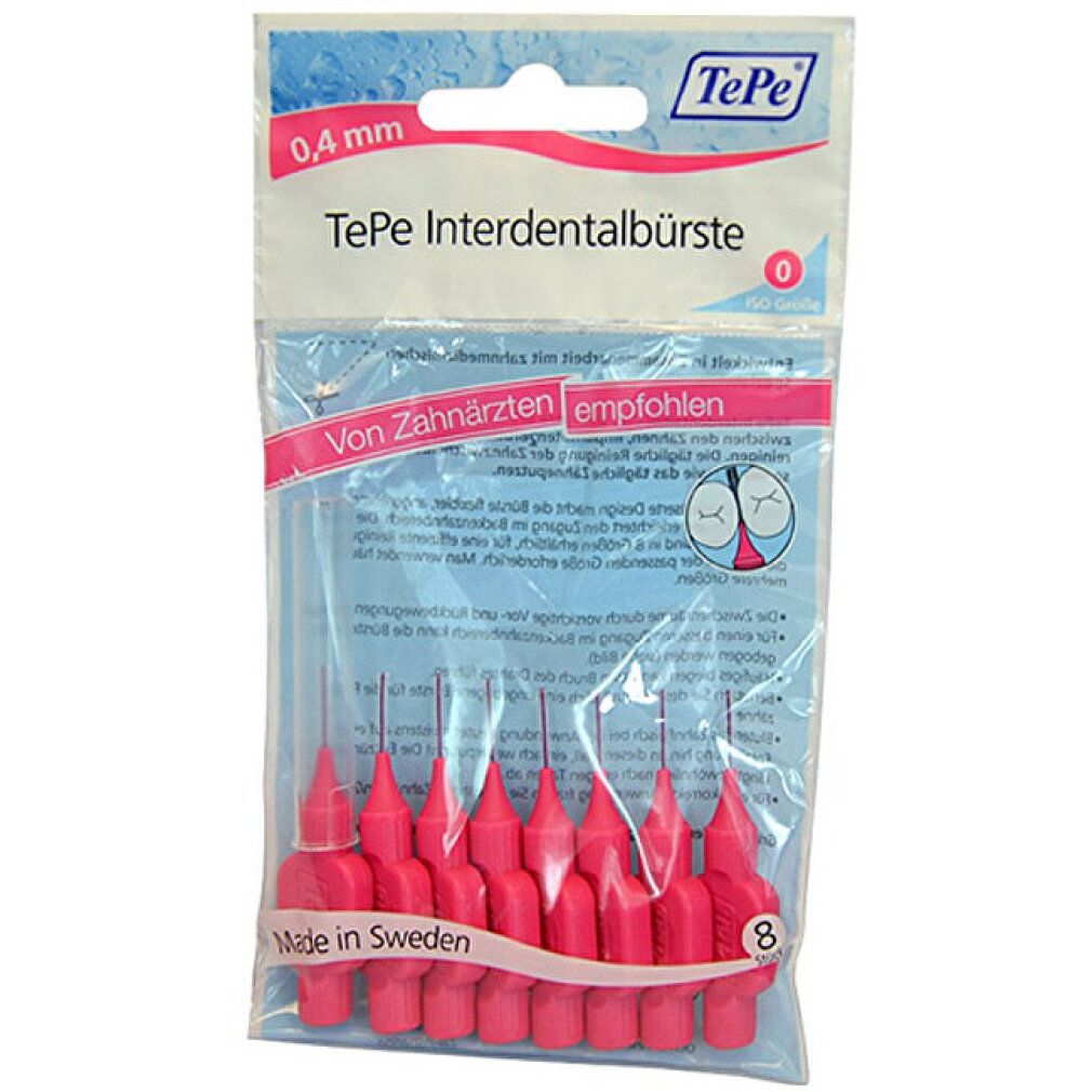 Confezione di scovolini interdentali rosa TePe. 0,4 mm. Scritto: TePe Interdentalbürste. Consigliato dai dentisti. 8 pezzi. Prodotto in Svezia.