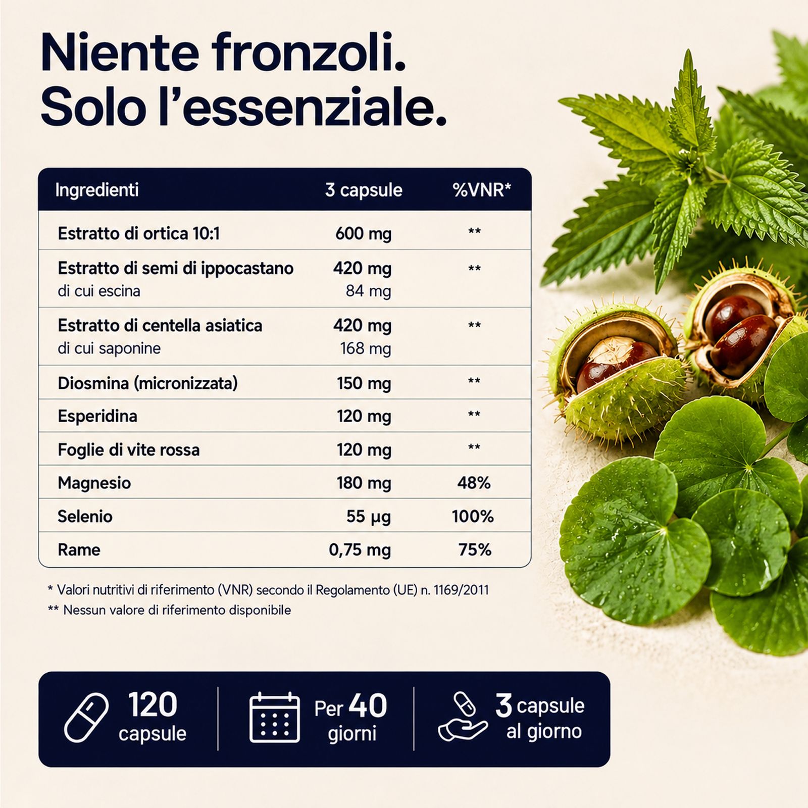 Ingredienti Sonnesee Wasserbalance: ortica, ippocastano, gotu kola, diosmina, esperidina, magnesio.