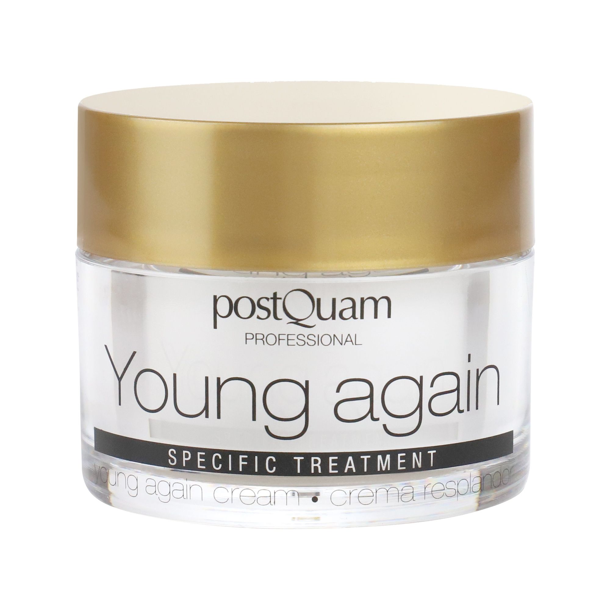 Crema in vasetto di vetro con coperchio dorato. Scritta: Young again, Specific Treatment. Marchio: Postquam.