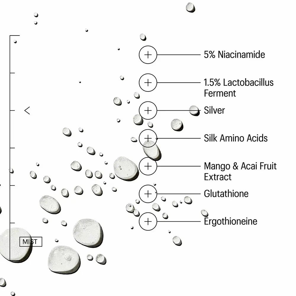 Rappresentazione grafica degli ingredienti. Elencati: 5% Niacinamide, 1,5% Fermento di Lactobacillus, Argento, Aminoacidi della seta.
