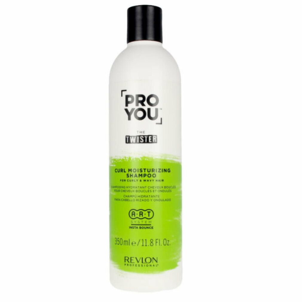 Flacone bianco con tappo nero. Scritta PRO YOU THE TWISTER. Etichetta verde e bianca con testo. Revlon Professional.