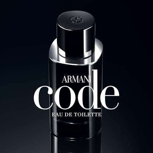 Flacone nero con tappo argentato. Scritta: ARMANI code Eau de Toilette. Grande Code bianco.