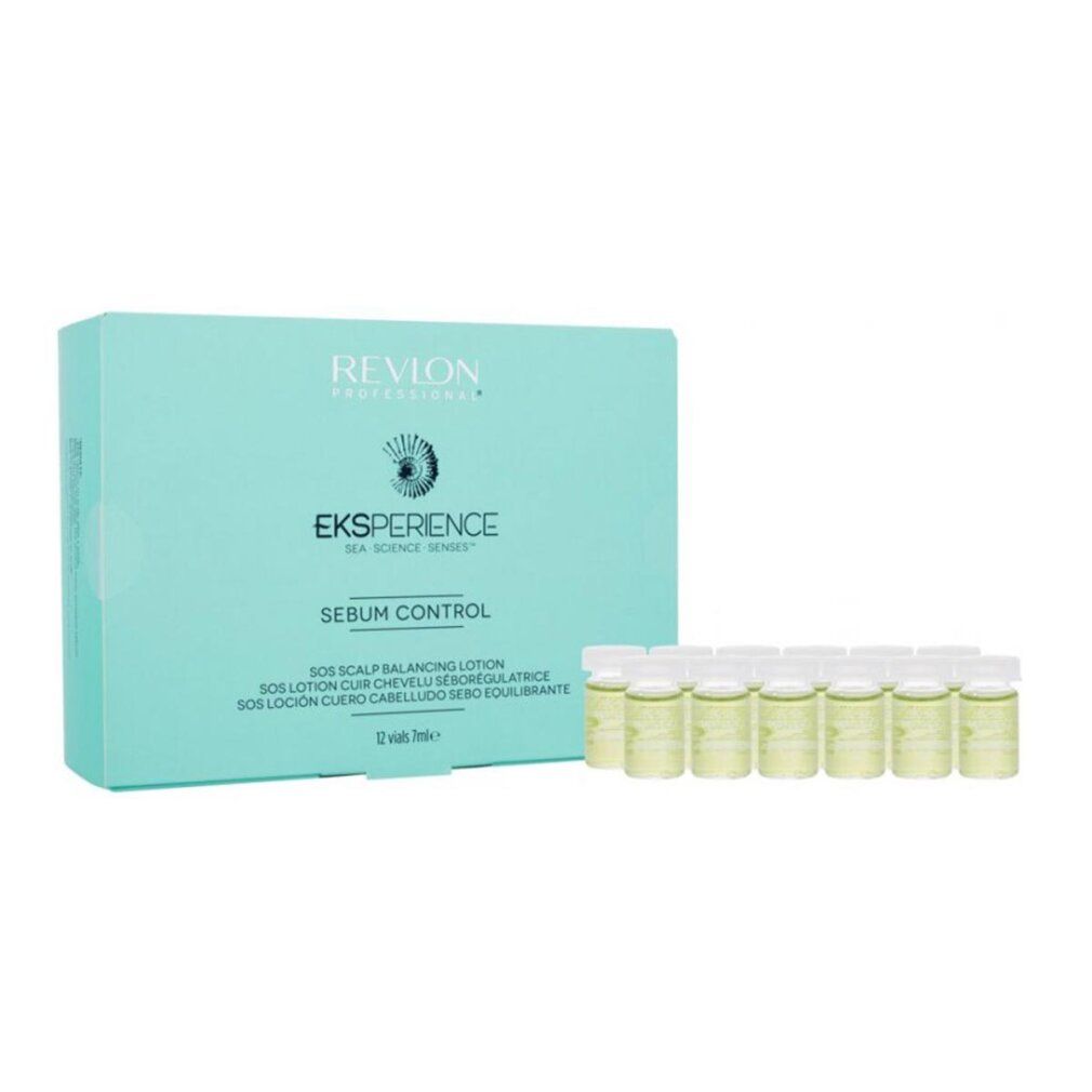 Scatola verde con 12 fiale. Scritto 'Revlon Eksperience Sebum Control'.