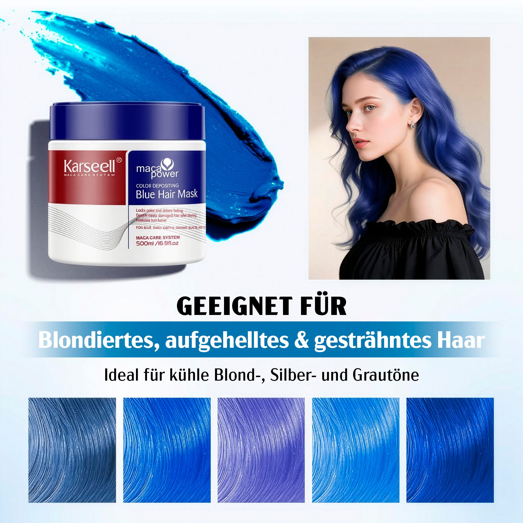 Prodotto in barattolo e ciocca blu. Testo: Adatto a capelli biondi, schiariti e con mèches. Karseell Color Depositing Blue Hair Mask.