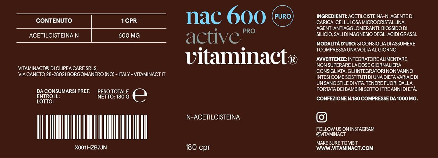 Confezione marrone con testo bianco. Contiene informazioni su Vitaminact Nac 600 Active Pro. Ingredienti, dosaggio e avvertenze.
