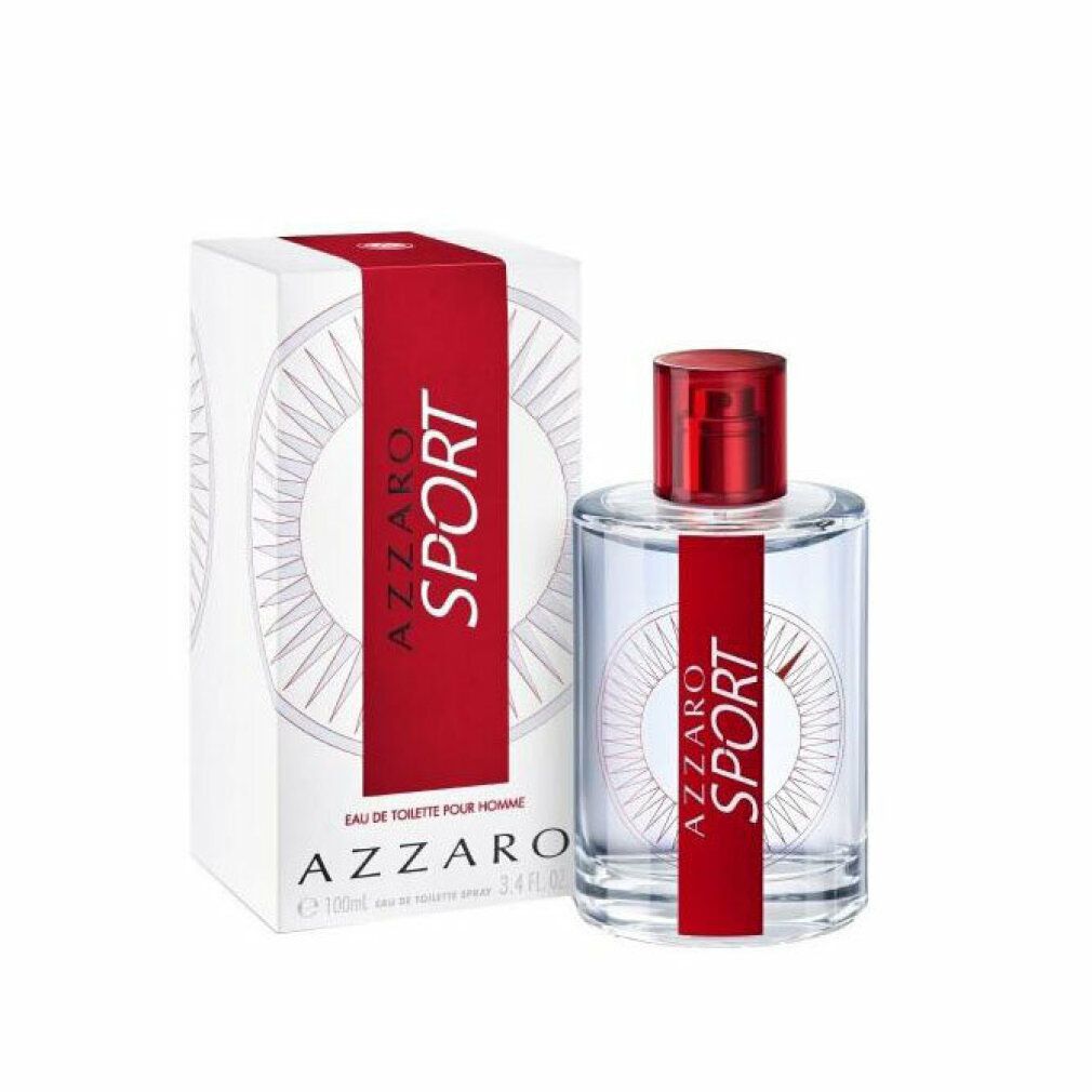 Flacone in vetro con tappo rosso e fascia rossa con scritta "AZZARO SPORT". Accanto, una scatola bianca con fascia rossa e logo.